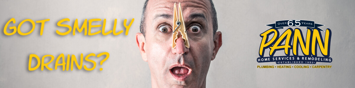 Smelly drains banner image featuring man with clothespin on nose